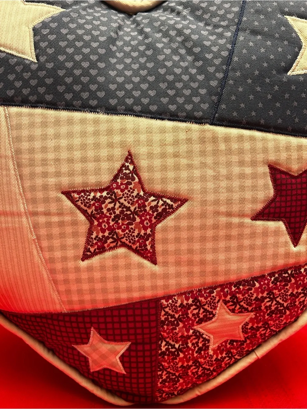Patriotic Heart Throw Pillow with Star Patchwork - Burgundy, Cream and Navy